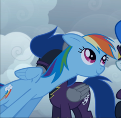 Size: 962x939 | Tagged: safe, screencap, descent, nightshade, rainbow dash, pegasus, pony, friendship is magic, g4, are you frustrated?, clothes, costume, cropped, cute, dashabetes, female, floppy ears, long neck, mare, meme, necc, shadowbolts, shadowbolts costume, shadowbolts uniform, smiling, solo focus