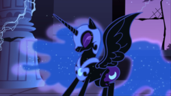 Size: 1667x938 | Tagged: safe, screencap, nightmare moon, alicorn, pony, friendship is magic, g4, season 1, armor, castle of the royal pony sisters, colored eyelashes, ethereal hair, ethereal mane, ethereal tail, eyes closed, eyeshadow, female, helmet, horn, jewelry, makeup, mare, peytral, regalia, solo, spread wings, starry hair, starry mane, starry tail, tail, wings