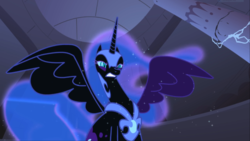 Size: 1667x938 | Tagged: safe, screencap, nightmare moon, alicorn, pony, friendship is magic, g4, season 1, angry, armor, castle of the royal pony sisters, colored eyelashes, ethereal hair, ethereal mane, ethereal tail, eyeshadow, faic, female, helmet, horn, jewelry, makeup, mare, narrowed eyes, peytral, regalia, slit pupils, solo, spread wings, starry hair, starry mane, starry tail, tail, teeth, wings