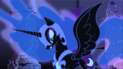 Size: 1667x940 | Tagged: safe, screencap, nightmare moon, alicorn, pony, friendship is magic, g4, season 1, angry, armor, castle of the royal pony sisters, colored eyelashes, concave belly, ethereal hair, ethereal mane, ethereal tail, eyeshadow, female, helmet, horn, jewelry, looking down, makeup, mare, peytral, regalia, slender, slit pupils, solo, spread wings, starry hair, starry mane, starry tail, tail, thin, wings