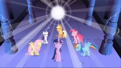 Size: 1667x939 | Tagged: safe, screencap, applejack, fluttershy, pinkie pie, rainbow dash, rarity, twilight sparkle, earth pony, pegasus, pony, unicorn, friendship is magic, g4, applejack's hat, castle of the royal pony sisters, cowboy hat, elements of harmony, eyes closed, female, hat, light, magic, mane six, mare, spread wings, unicorn twilight, wings