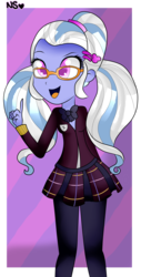 Size: 1948x3827 | Tagged: safe, artist:naymasparkle1, sugarcoat, equestria girls, g4, bowtie, clothes, crystal prep academy uniform, cute, glasses, hairpin, leggings, open mouth, school uniform, skirt, sugarcute