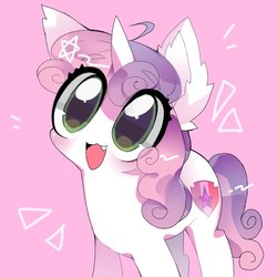 Size: 768x768 | Tagged: safe, artist:lavender_1227, sweetie belle, pony, unicorn, g4, :3, big eyes, cute, cute little fangs, diasweetes, fangs, female, filly, open mouth, pink background, simple background, solo