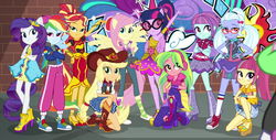 Size: 1308x666 | Tagged: safe, screencap, applejack, fluttershy, pinkie pie, rainbow dash, rarity, sci-twi, sour sweet, sugarcoat, sunny flare, sunset shimmer, twilight sparkle, dance magic, equestria girls, equestria girls specials, g4, armpits, converse, cropped, crystal prep shadowbolts, female, graffiti, humane five, humane seven, humane six, looking at you, shoes, sneakers