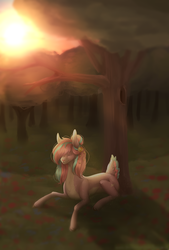 Size: 2029x3000 | Tagged: safe, artist:lastaimin, oc, oc only, deer pony, original species, female, high res, prone, solo, sun, tree