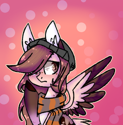 Size: 766x778 | Tagged: safe, artist:jxst-alexa, oc, oc only, oc:yasy, pegasus, pony, beanie, clothes, female, hat, mare, scarf, solo, two toned wings