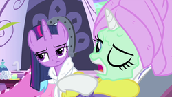 Size: 1280x720 | Tagged: safe, screencap, rarity, twilight sparkle, pony, g4, rarity's biggest fan, alternate hairstyle, clothes, duo, loose hair, mud mask, one eye closed, robe, spa robe, towel