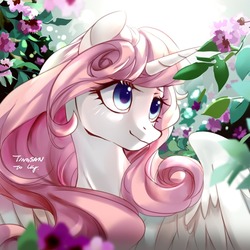 Size: 1280x1280 | Tagged: safe, artist:tingsan, oc, oc only, alicorn, pony, alicorn oc, bust, female, flower, mare, not celestia, pink hair, portrait, smiling, solo