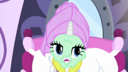 Size: 1280x720 | Tagged: safe, screencap, rarity, pony, unicorn, g4, rarity's biggest fan, bathrobe, clothes, female, mare, mud mask, open mouth, robe, solo, towel on head