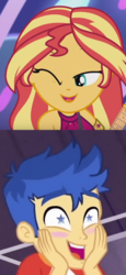 Size: 668x1452 | Tagged: safe, edit, flash sentry, sunset shimmer, equestria girls, equestria girls specials, g4, my little pony equestria girls: better together, my little pony equestria girls: spring breakdown, female, male, reaction, ship:flashimmer, shipping, starry eyes, straight, wingding eyes