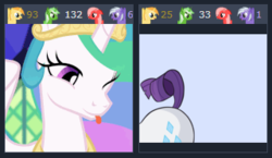 Size: 320x185 | Tagged: safe, artist:tjpones edits, edit, edited screencap, editor:lolledits, screencap, princess celestia, rarity, oc, oc:comment, oc:downvote, oc:favourite, oc:upvote, alicorn, pony, derpibooru, celestial advice, g4, bleb, butt, cute, daaaaaaaaaaaw, derpibooru ponified, eyes on the prize, female, happy, juxtaposition, lesbian, looking at butt, mare, meta, one eye closed, out of context, plot, ponified, raised tail, ship:rarilestia, shipping, sillestia, silly, tail, tongue out, weapons-grade cute, wink