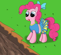 Size: 2000x1800 | Tagged: safe, artist:amateur-draw, pinkie pie, earth pony, pony, g4, cheerleader, cheerleader outfit, cute, female, hair bow, happy, mud, solo, wet and messy