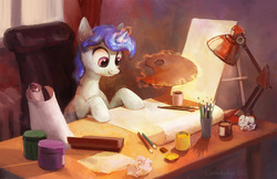 Size: 800x517 | Tagged: safe, artist:cannibalus, pony, unicorn, desk, female, glowing horn, horn, lamp, magic, mare, palette, pencil, solo, telekinesis