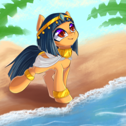 Size: 3000x3000 | Tagged: safe, artist:chaosangeldesu, oc, oc only, oc:sacred wind, earth pony, pony, blurry, clothes, egyptian, egyptian pony, eyeliner, female, gold, headband, high res, jewelry, looking up, makeup, mare, oasis, palm tree, sand, sky, smiling, solo, straight mane, tree, water