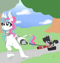 Size: 940x980 | Tagged: safe, artist:nootaz, oc, oc only, oc:diamond mind, oc:roomby, classical unicorn, object pony, original species, pony, roomba pony, unicorn, bipedal, cloven hooves, duo, horn, leash, leonine tail, ponified, roomba, unshorn fetlocks, walking, ych result