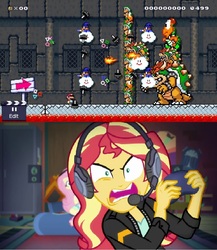 Size: 1000x1150 | Tagged: safe, artist:fazbearsparkle, edit, screencap, fluttershy, sunset shimmer, goomba, koopa, equestria girls, g4, game stream, my little pony equestria girls: better together, angry, bowser, comparison, controller, game, gamer sunset, kamek, male, meme, psycho gamer sunset, rage, rageset shimmer, sunset shimmer frustrated at game, super mario bros., super mario maker, super mario world, tell me what you need, this will end in a broken tv, wii u
