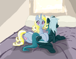 Size: 1207x932 | Tagged: safe, artist:theglassaddiction, oc, oc only, oc:euphoria breeze, oc:glassworks, pegasus, pony, unicorn, bed, duo, female, looking at you, lying down, mare, on bed, prone