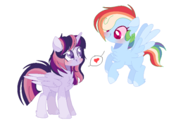 Size: 787x566 | Tagged: safe, artist:xxcutecookieswirlsxx, rainbow dash, twilight sparkle, alicorn, pegasus, pony, g4, blushing, chest fluff, female, heart, lesbian, looking at each other, ship:twidash, shipping, simple background, transparent background, twilight sparkle (alicorn)