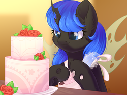 Size: 2000x1500 | Tagged: safe, artist:alphadesu, oc, oc only, oc:blue visions, changeling, apron, blue changeling, cake, changeling oc, clothes, commission, dessert, female, food, frosting, solo