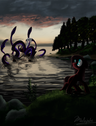 Size: 3000x3900 | Tagged: safe, artist:malajahr, oc, oc only, earth pony, kraken, pony, boat, escape, high res, sea monster, solo, tree, water, wet, wet mane