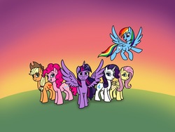 Size: 1280x960 | Tagged: safe, artist:melspyrose, applejack, fluttershy, pinkie pie, rainbow dash, rarity, twilight sparkle, alicorn, earth pony, pegasus, pony, unicorn, g4, female, mane six, mare, open mouth, smiling, spread wings, sunset, twilight sparkle (alicorn), wings