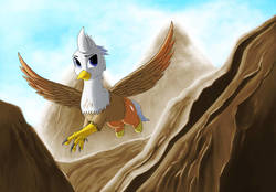 Size: 1024x713 | Tagged: safe, artist:casparraillen, oc, oc only, oc:silver quill, classical hippogriff, hippogriff, flying, hippogriff oc, male, mountain, solo, spread wings, wings