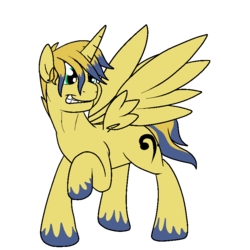 Size: 800x800 | Tagged: safe, artist:bennimarru, derpibooru exclusive, oc, oc only, oc:radiantarpeggio, alicorn, pony, alicorn oc, bass clef, blue, cutie mark, green eyes, male, raised hoof, simple background, solo, stallion, transparent background, wings, yellow