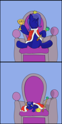 Size: 1600x3200 | Tagged: safe, artist:m3g4, oc, oc:princess sapphire, alicorn, bat pony, pony, 2 panel comic, age regression, alicorn oc, blue background, comic, simple background, solo, throne