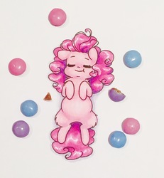 Size: 2298x2483 | Tagged: safe, artist:katputze, pinkie pie, earth pony, pony, g4, :t, cute, diapinkes, eyes closed, female, high res, leg fluff, mare, on back, shoulder fluff, smarties, solo, traditional art