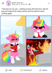 Size: 690x960 | Tagged: safe, artist:nootaz, oc, oc:prince bloodshed, oc:queen mary sue, alicorn, pony, alicorn oc, angry, colt, destruction, donut steel, fire, male