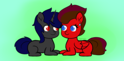 Size: 1181x581 | Tagged: safe, artist:dyonys, oc, oc:artis, oc:red saber, pegasus, pony, unicorn, abstract background, chibi, ear piercing, earring, female, heart eyes, jewelry, male, mare, piercing, shipping, stallion, wingding eyes