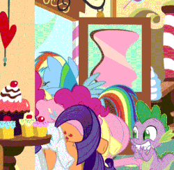Size: 472x462 | Tagged: safe, edit, edited screencap, screencap, applejack, fluttershy, pinkie pie, rainbow dash, rarity, spike, dragon, earth pony, pegasus, pony, unicorn, g4, school daze, animated, applebutt, balloonbutt, bucking, butt, buttstuck, cropped, cupcake, dialogue, door, eyes on the prize, female, food, grin, hoofy-kicks, horses doing horse things, looking at butt, male, mare, out of context, plot, rainbutt dash, rearity, silly, silly pony, smiling, squee, stuck, sugarcube corner, tail, wat