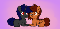 Size: 1181x581 | Tagged: safe, artist:dyonys, oc, oc:artis, oc:secret, pegasus, pony, unicorn, abstract background, chibi, glasses, heart eyes, shipping, wingding eyes