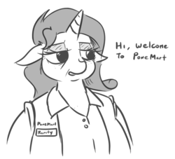 Size: 510x463 | Tagged: safe, artist:jargon scott, rarity, unicorn, anthro, g4, bad end, cashier, clothes, dialogue, female, grayscale, i can't believe it's not tjpones, monochrome, name tag, older, simple background, solo, walmart, white background