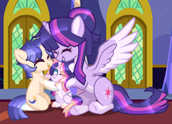 Size: 923x666 | Tagged: safe, artist:sugaryicecreammlp, twilight sparkle, oc, oc:aura sparkle, oc:flash light, alicorn, pony, unicorn, g4, base used, female, filly, group hug, hug, mare, mother and daughter, twilight sparkle (alicorn)