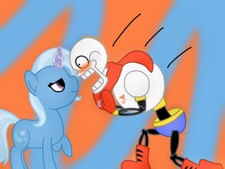 Size: 2048x1536 | Tagged: safe, artist:colorcodetheartist, trixie, pony, unicorn, g4, accessory swap, bedroom eyes, blushing, bone, briefs, clothes, crossover, crossover shipping, female, magic, male, multicolored hair, papyrus (undertale), scarf, shipping, simple background, skeleton, straight, surprised, trixierus, undertale, underwear