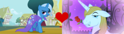 Size: 2560x720 | Tagged: safe, artist:the background shipper, edit, edited screencap, screencap, prince blueblood, trixie, pony, boast busters, g4, the best night ever, female, floppy ears, flower, flower in mouth, heart, male, mouth hold, rose, rose in mouth, ship:bluetrix, shipping, shipping domino, sparkles, straight