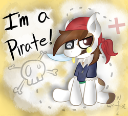 Size: 3300x3000 | Tagged: safe, artist:wonder-waffle, pipsqueak, earth pony, pony, g4, cute, eyepatch, high res, male, mouth hold, pirate, pirate costume, pirate outfit, sitting, skull and crossbones, solo, squeakabetes, sword, truth, weapon