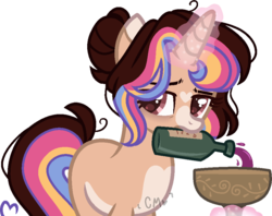 Size: 923x730 | Tagged: safe, artist:moon-rose-rosie, oc, oc only, oc:melanie (moon-rose-rosie), pony, unicorn, alcohol, bags under eyes, base used, bottle, brown eyes, coat markings, drink, facial markings, female, glowing, glowing horn, hair bun, horn, levitation, lightly watermarked, magic, magic aura, mare, mouth hold, pale belly, ponysona, simple background, snip (coat marking), solo, star (coat marking), telekinesis, transparent background, unicorn oc, watermark