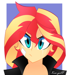 Size: 1776x1932 | Tagged: safe, artist:xan-gelx, sunset shimmer, equestria girls, g4, abstract background, bust, clothes, female, human coloration, portrait, quickie, scar, signature, solo