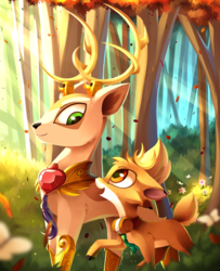 Size: 2372x2918 | Tagged: safe, artist:kaleido-art, idw, bramble, king aspen, deer, g4, father and son, forest, high res, male, smiling, sunlight, tree