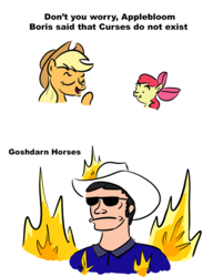 Size: 767x1000 | Tagged: safe, artist:velgarn, apple bloom, applejack, human, pony, g4, 4chan cup, apple kit, cowboy hat, curse, cursed, drborisg, fire, hat, sunglasses