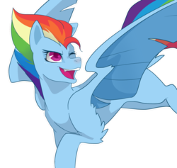 Size: 1184x1124 | Tagged: safe, artist:nederside, rainbow dash, pegasus, pony, g4, female, flying, g5 concept leak style, g5 concept leaks, leg fluff, mare, one eye closed, open mouth, rainbow dash (g5 concept leak), simple background, solo, spoiler, transparent background, wings, wink