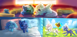 Size: 1426x702 | Tagged: safe, artist:aquagalaxy, princess celestia, princess luna, alicorn, pony, g4, ><, blanket, blocks, bucket of water, cewestia, colored pupils, cute, cutelestia, ear fluff, eyes closed, female, filly, floppy ears, lunabetes, magic, open mouth, pillow, pink-mane celestia, plushie, prone, royal sisters, scrunchy face, sisters, sleeping, wavy mouth, woona, younger