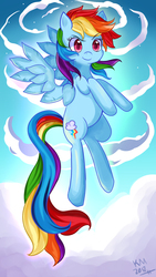 Size: 677x1200 | Tagged: safe, artist:pk-love chan, rainbow dash, pegasus, pony, g4, cloud, colored pupils, cute, dashabetes, female, flying, heart eyes, long tail, mare, pixiv, sky, smiling, solo, wingding eyes