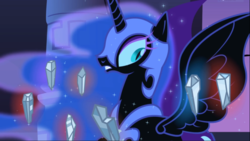 Size: 1668x939 | Tagged: safe, screencap, nightmare moon, alicorn, pony, friendship is magic, g4, armor, castle of the royal pony sisters, colored eyelashes, element of generosity, element of honesty, element of kindness, element of laughter, element of loyalty, element of magic, elements of harmony, ethereal hair, ethereal mane, ethereal tail, eyeshadow, female, helmet, horn, jewelry, looking at something, magic, mare, peytral, regalia, shards, shocked, shocked expression, slit pupils, solo, spread wings, starry hair, starry mane, starry tail, tail, wings