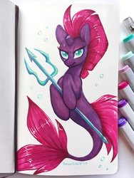 Size: 2268x3024 | Tagged: safe, artist:dawnfire, tempest shadow, seapony (g4), unicorn, g4, broken horn, bubble, cute, dorsal fin, eye scar, female, fin, fish tail, flowing mane, flowing tail, green eyes, high res, horn, lidded eyes, scar, seaponified, seapony tempest shadow, signature, smiling, solo, species swap, tail, traditional art, trident, underwater, water, weapon