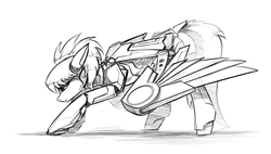 Size: 2400x1364 | Tagged: safe, artist:underpable, cloudchaser, pegasus, pony, robot, robot pony, g4, female, mare, monochrome, roboticization, simple background, sketch, solo, traditional art, white background