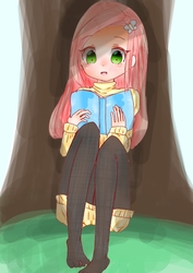 Size: 849x1200 | Tagged: safe, artist:sakurai, fluttershy, human, g4, anime, book, clothes, cute, female, hairpin, humanized, pantyhose, pixiv, reading, shyabetes, sitting, solo, sweater, sweater dress, sweatershy, tree, turtleneck