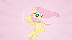 Size: 1668x938 | Tagged: safe, screencap, fluttershy, pegasus, pony, friendship is magic, g4, element of kindness, female, flying, jewelry, mare, necklace, pink background, simple background, smiling, solo, spread wings, wings